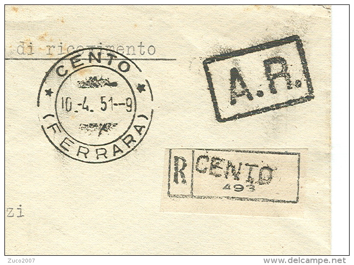LAVORO £.65, TARIFFA LETTERA RACCOMANDATA,1951, TIMBRO POSTE CENTO  (FERRARA) - - 1946-60: Marcophilie