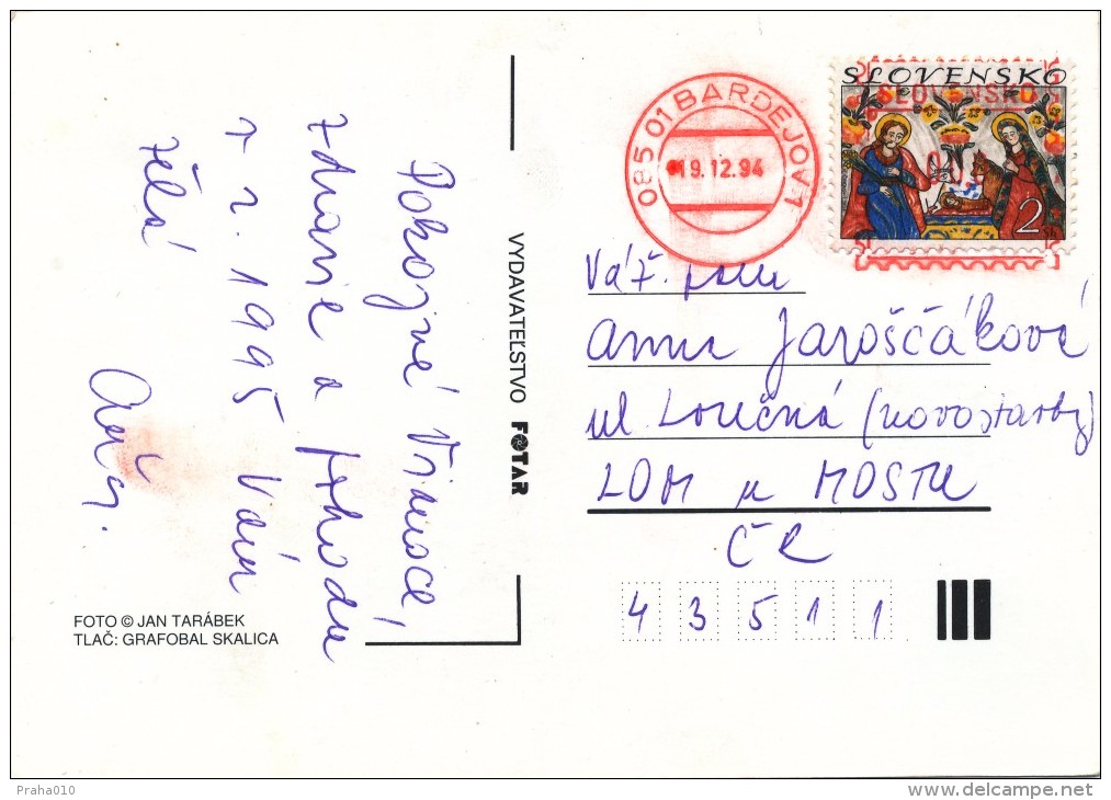 K9857 - Slovakia (1994) 085 01 Bardejov 1 (post Office Franking Machine: 0,00) Postcard; Tariff: 2 Sk (stamp: Christmas) - Brieven En Documenten