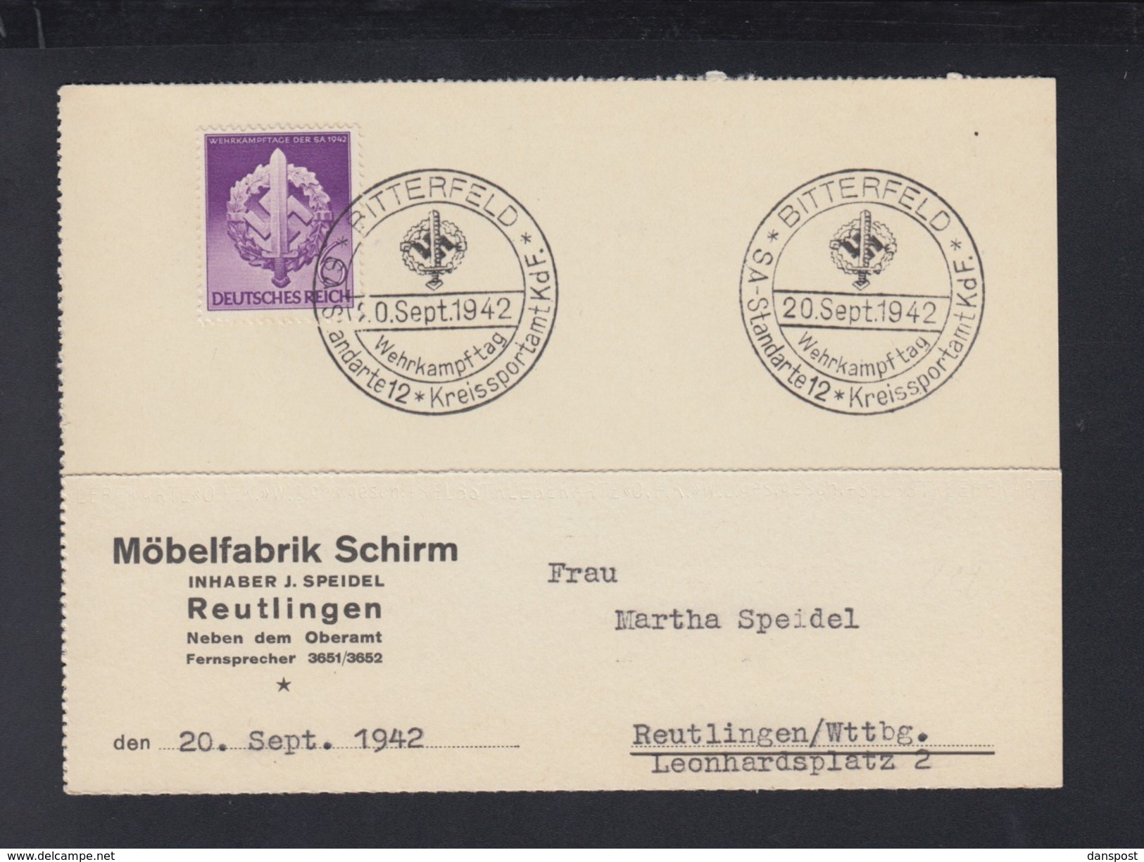 Dt. Reich PK 1942 Bitterfeld SA Standarte 12 Wehrkampftag - Storia Postale