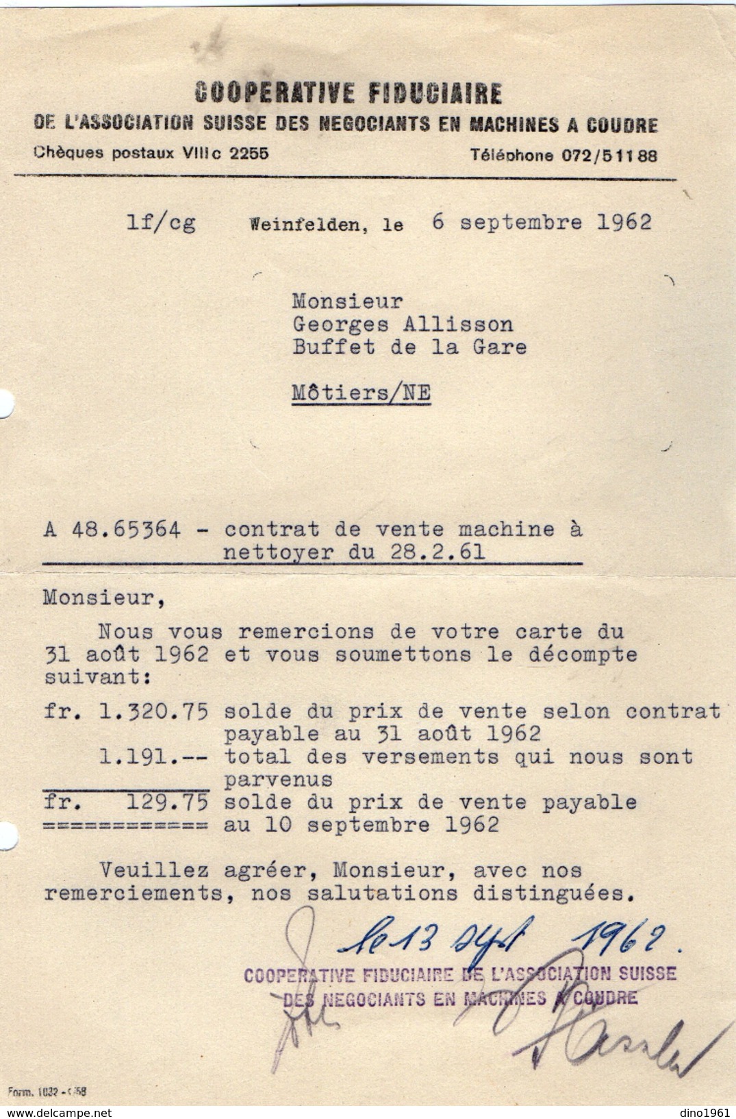 VP5983 - Facture - Cooperative Fiduciaire De L'Association Suisse Des Négociants En Machines A Coudre à WEINFELDEN - Suiza