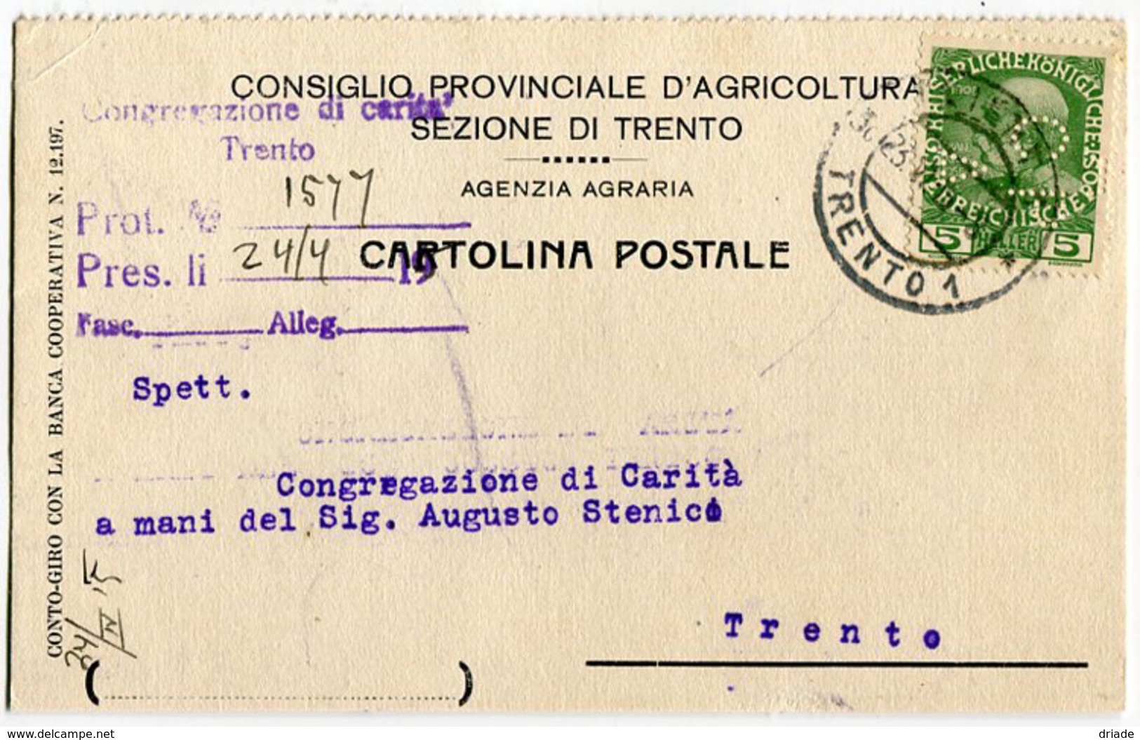 STORIA POSTALE PERFIN CPA CONSIGLIO PROVINCIALE AGRICOLTURA IMPERO AUSTRIA TRENTO 20 APRILE ANNO 1915 - Briefe U. Dokumente