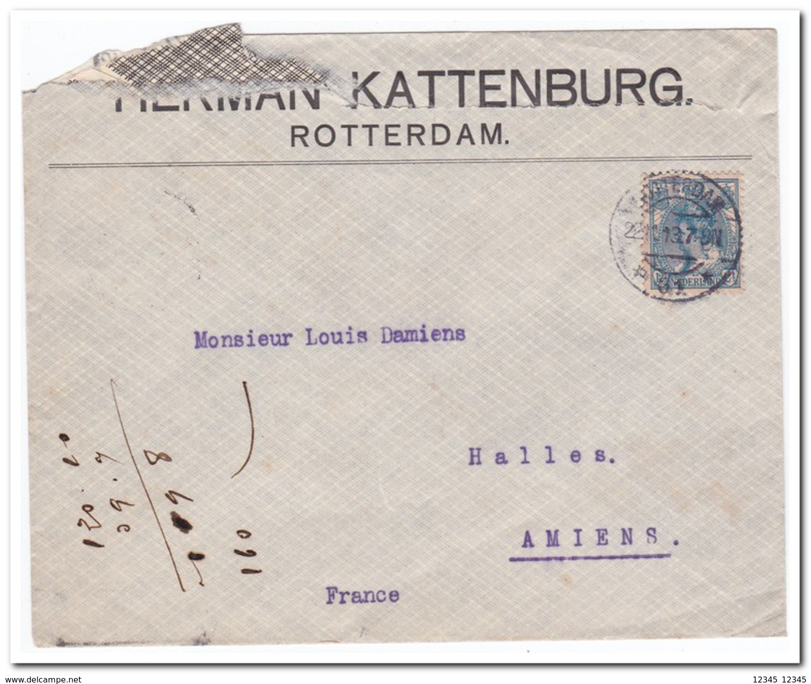 Enveloppe Herman Kattenburg Rotterdam, Verstuurd Naar Amiens Frankrijk ( Boven Gescheurd ) - Lettres & Documents