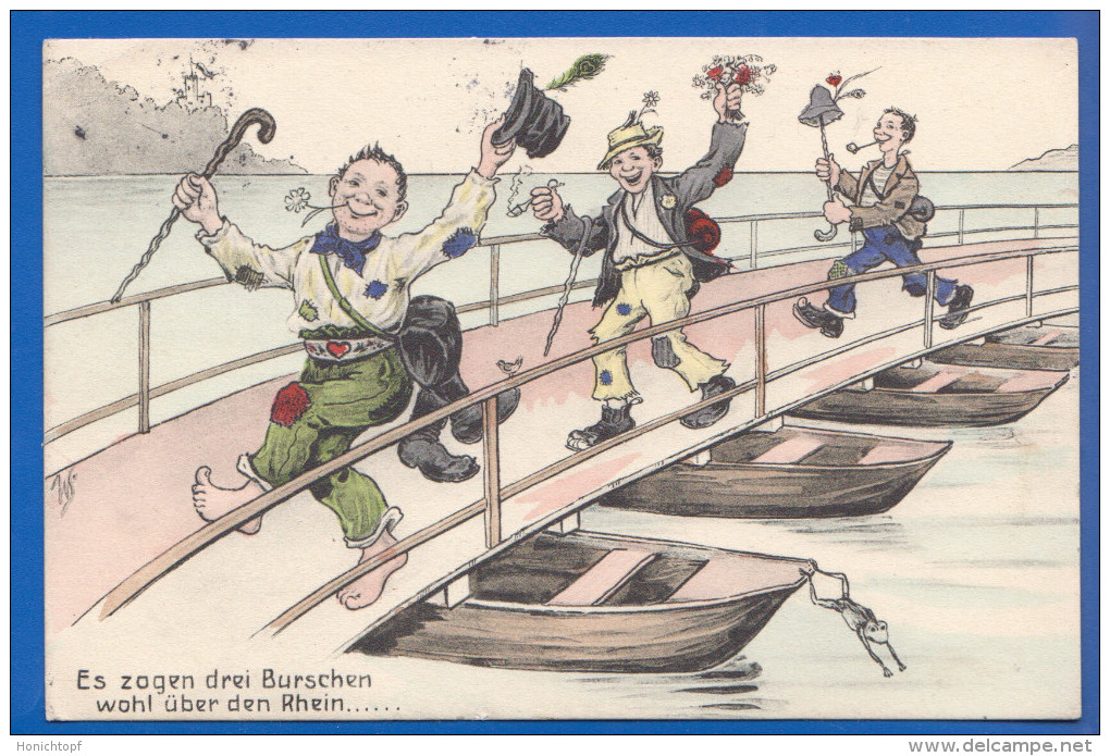 Fantaisie; Humor; Scheuermann Willi; Es Zogen Drei Burschen Wohl über Den Rhein; 1911 - Scheuermann, Willi