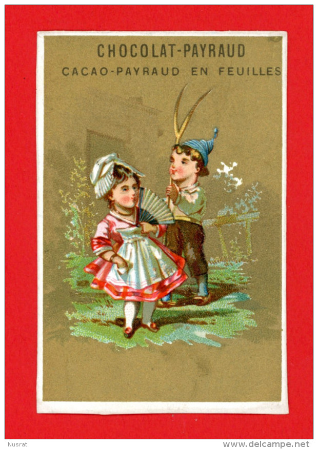 Chocolat Payraud, Chromo Dorée Lith. Baster & Vieillemard Couple, Jeune Garçon Avec Une Fourche - Autres & Non Classés