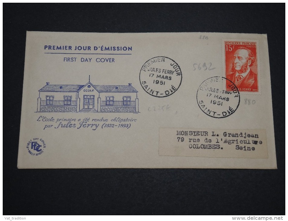 FRANCE - Enveloppe F.D.C. De Jules Ferry En 1951 , Cote 225€ - A Voir - L 4949 - 1950-1959