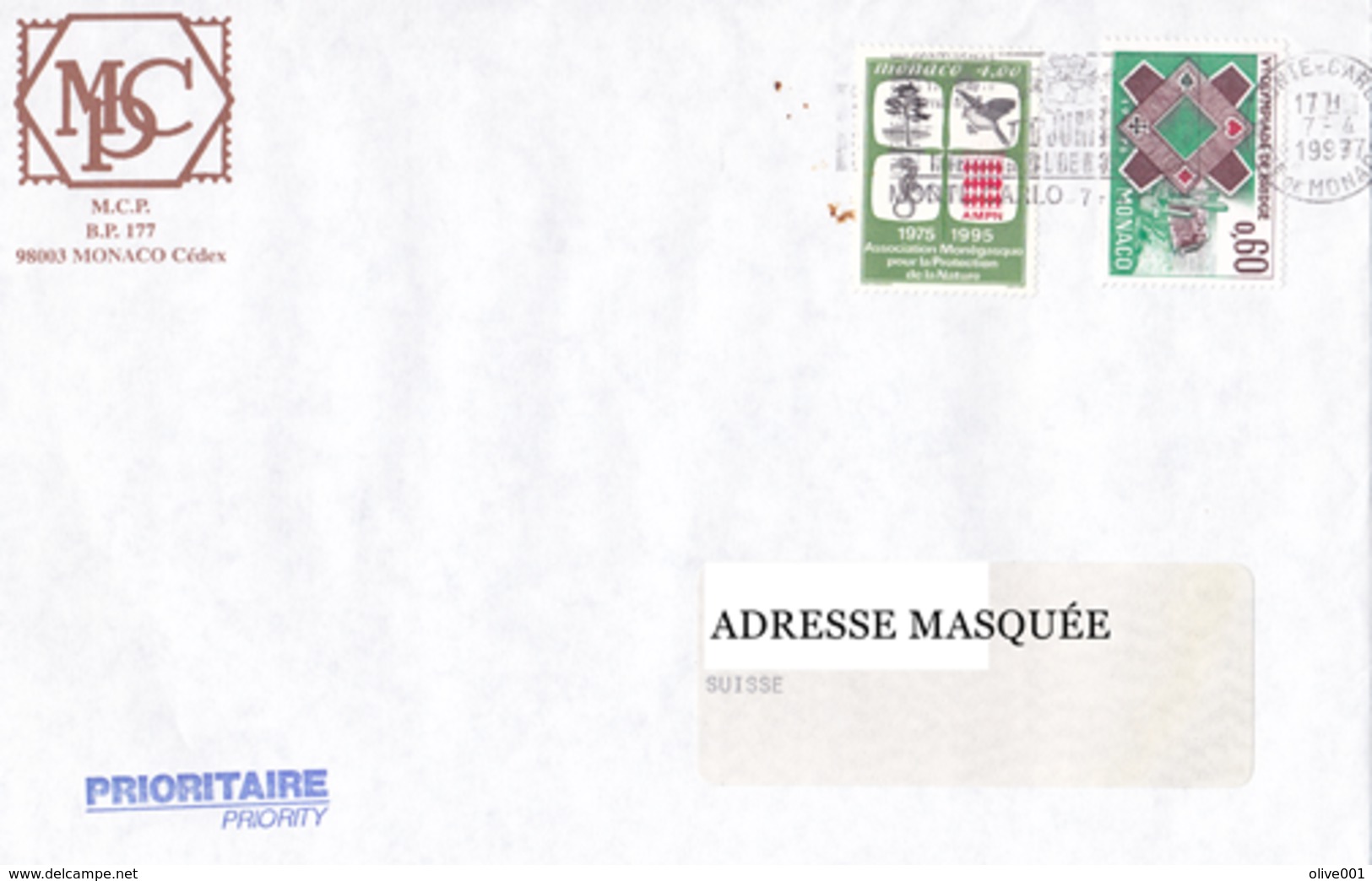 Lettre Prioritaire Voyagée De Monte Carlo Pour La Suisse Le 07/04/1999 Tp De Monaco Superbe Exc 2493 - Covers & Documents