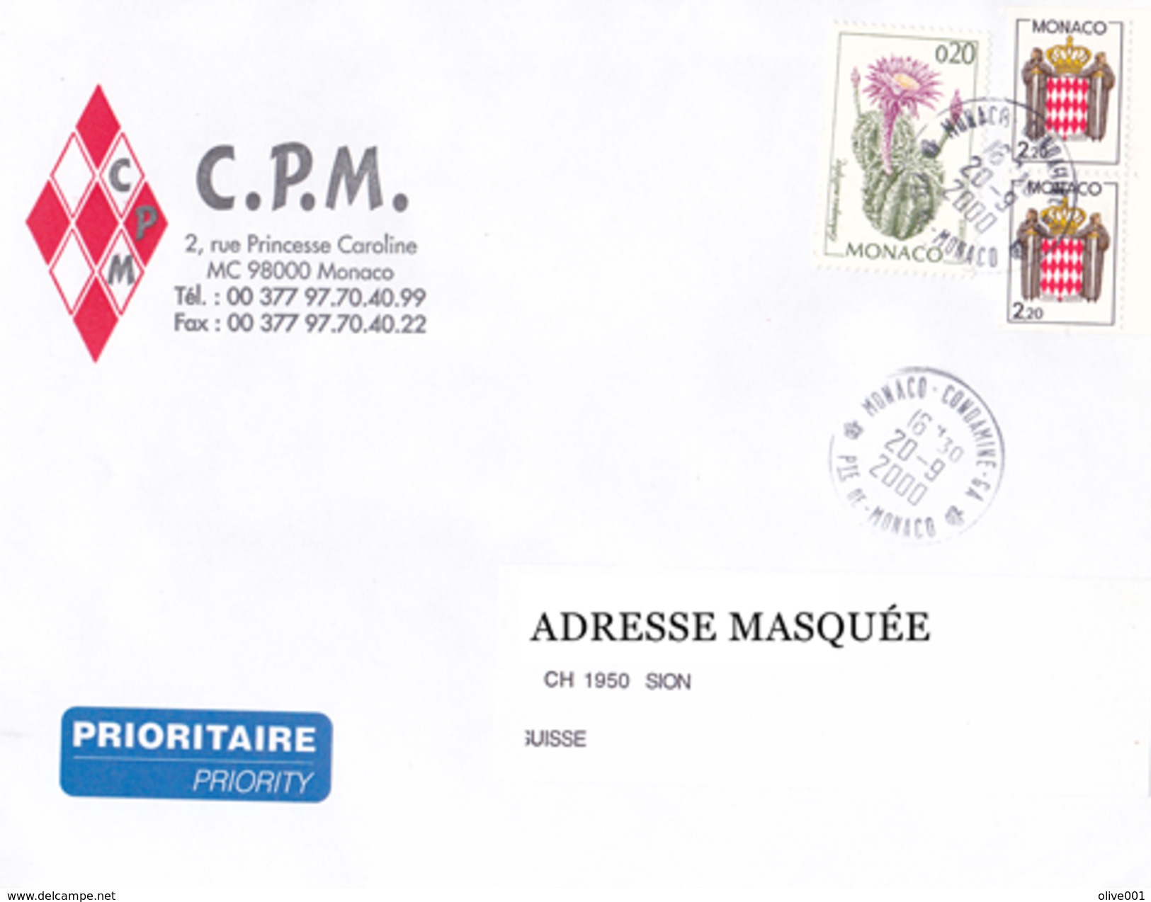 Lettre Prioritaire Voyagée De Monaco Pour La Suisse Le 20/09/2000 Tp De Monaco Cactus Et Blasons Superbe Exc 2495 - Lettres & Documents