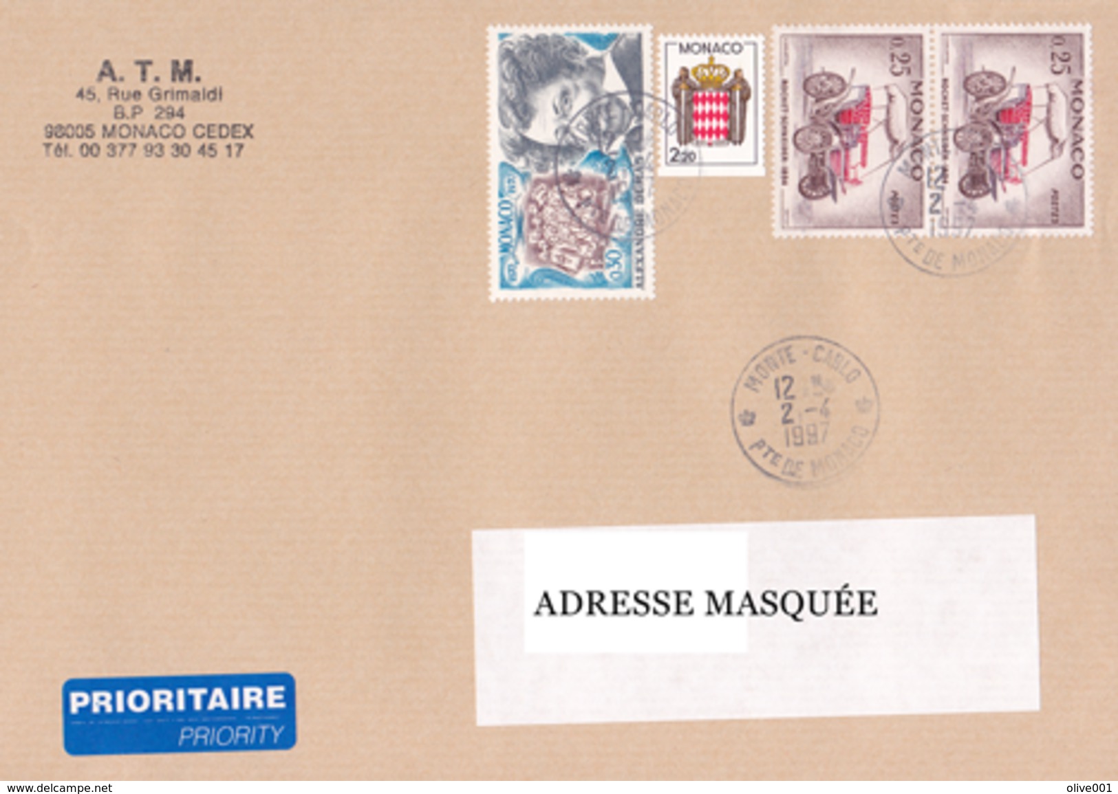 Lettre Prioritaire Voyagée De Monte Carlo Pour La Suisse Le 02/04/1997 Tp De Monaco Alexandre Dumas,Automobile Rochet-Sc - Covers & Documents