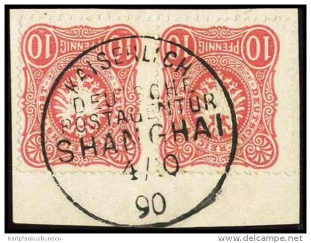 Paar 10 Pfennig Hellrot (1 Wert 2 Mal 1/2 Zahn) Auf Kabinett-Briefstück "Kaiserlich Deutsche Postagentur... - Deutsche Post In China