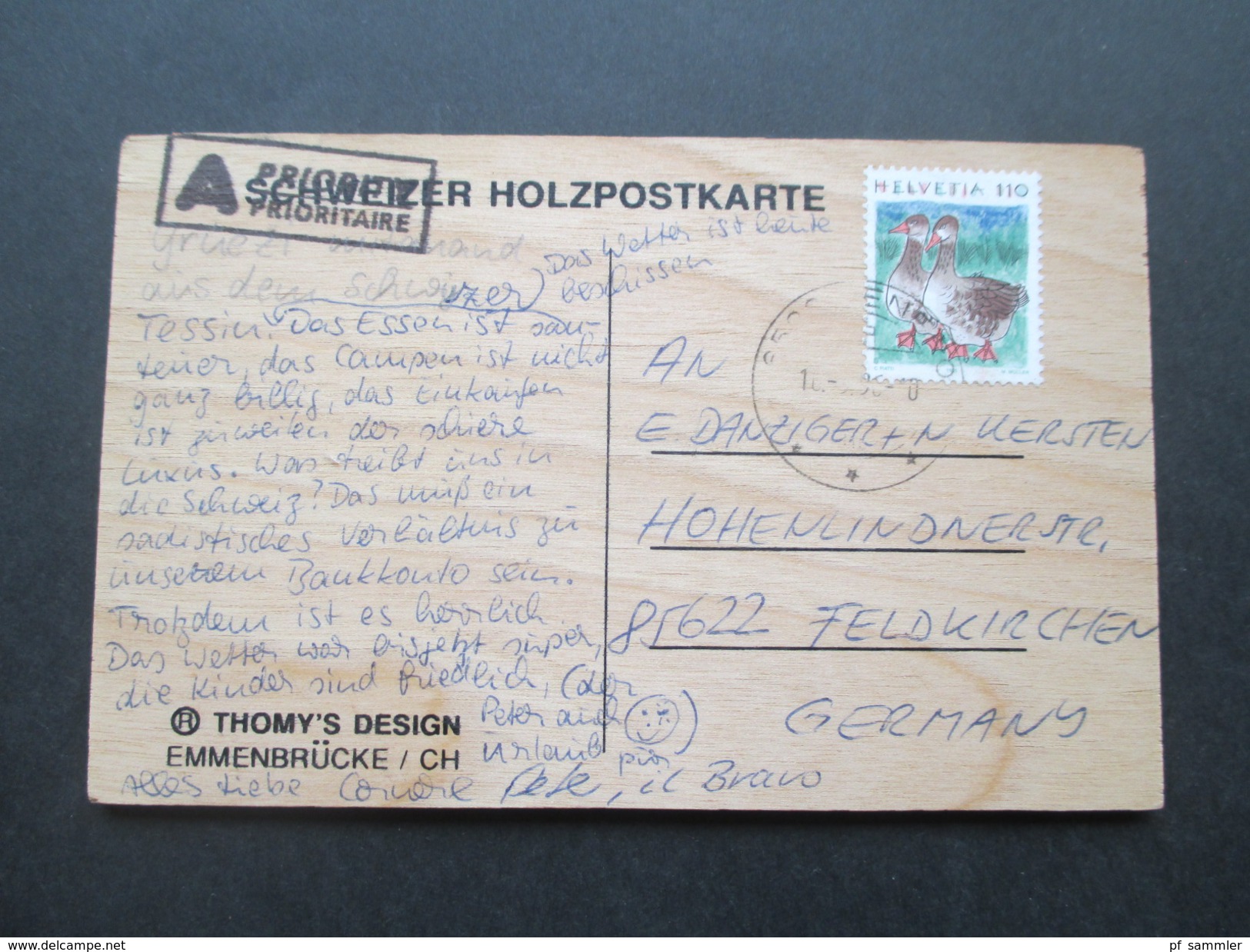 AK Echtholz / Schweizer Holzpostkarte Schweiz 1996 Coolman. Thomy's Design. Emmenbrücke - Autres & Non Classés