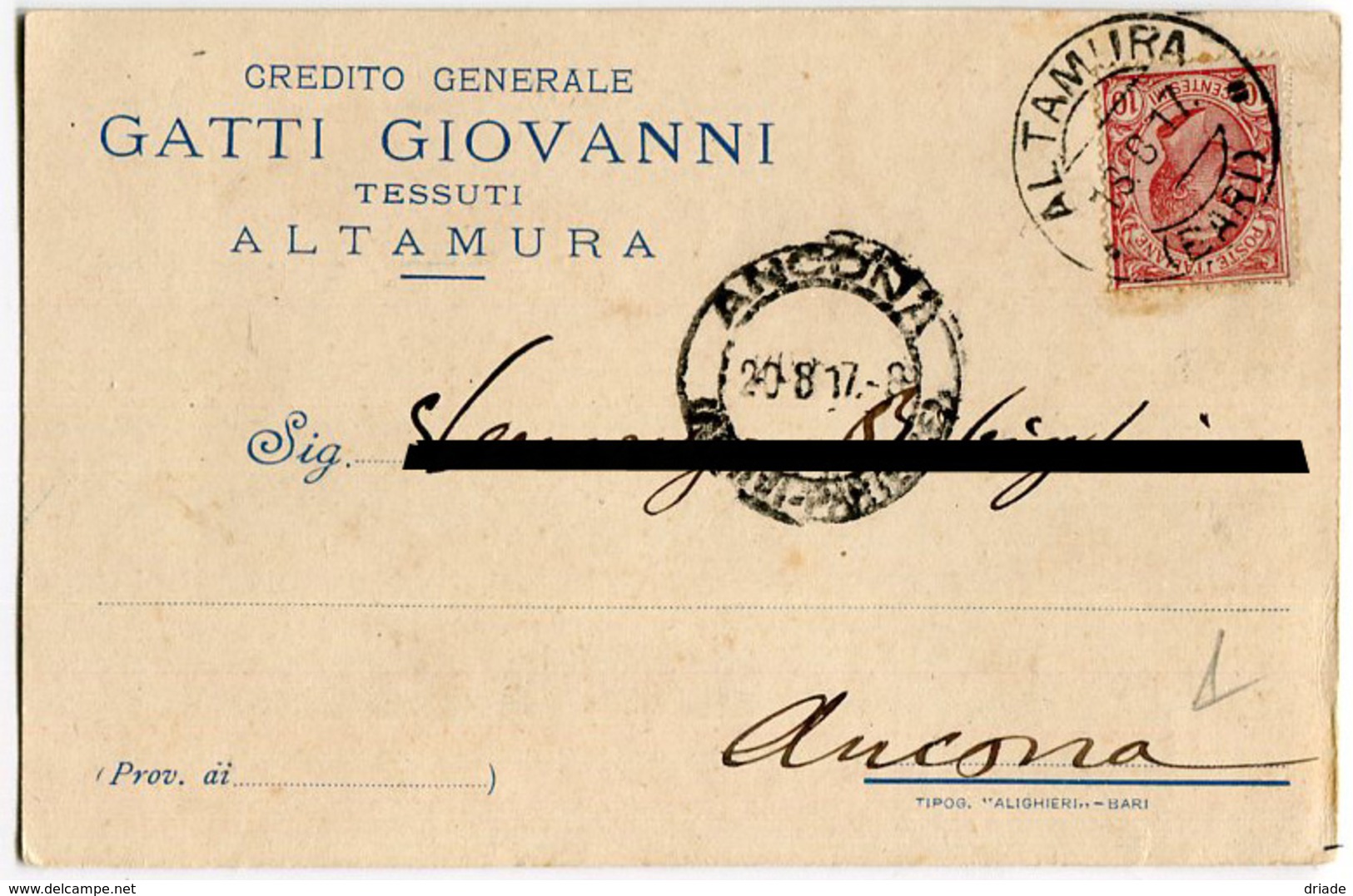 CARTOLINA COMMERCIALE CREDITO GENERALE GATTI GIOVANNI TESSUTI ALTAMURA BARI VIAGGIATA ANNO 1917 - Altamura