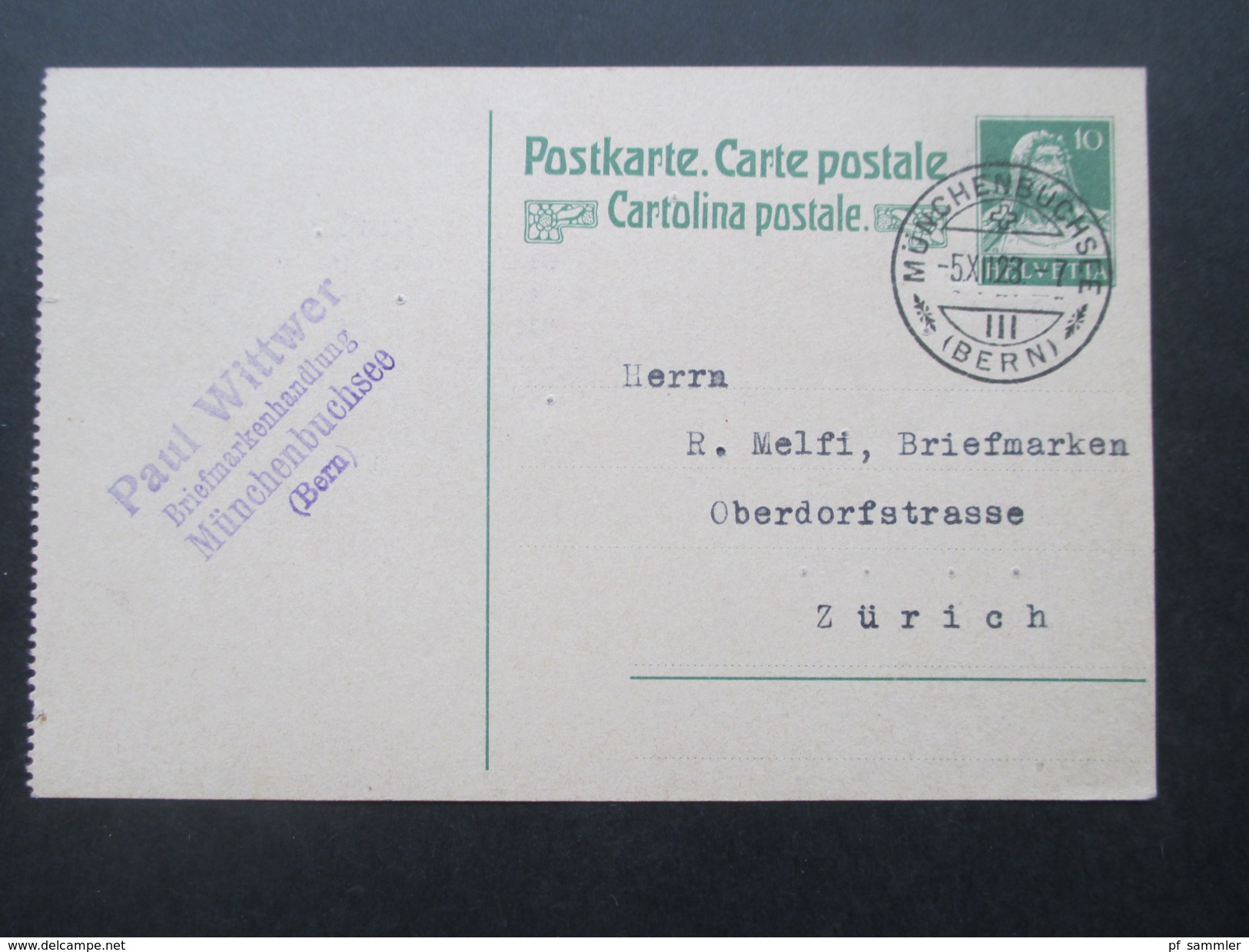 Schweiz Ganzsache 1923 Münchenbuchsee (Bern) Paul Wittwer Briefmarkenhandlung - Interi Postali