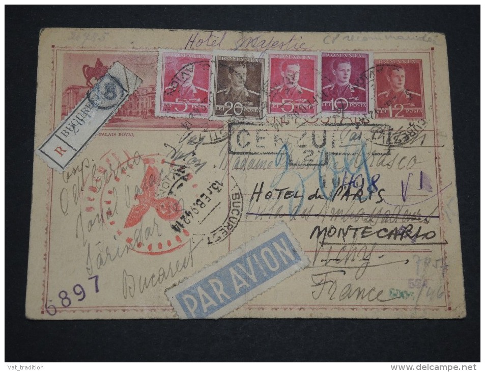 ROUMANIE - Entier Postal En Recommandé Pour Vichy Et Redirigé Vers Monaco En 1942 , Contrôle Postal   - A Voir - L 4999 - 2. Weltkrieg (Briefe)