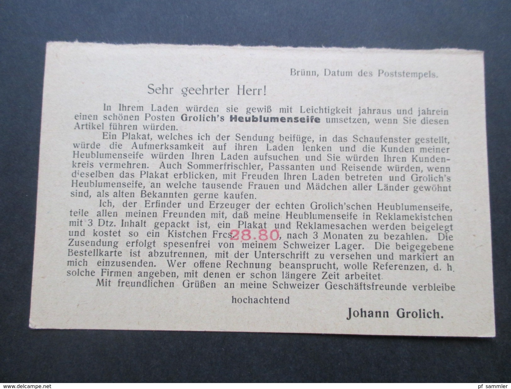 CSSR 1926 Brünn In Die Schweiz. Grolich's Heublumenseife. - Lettres & Documents