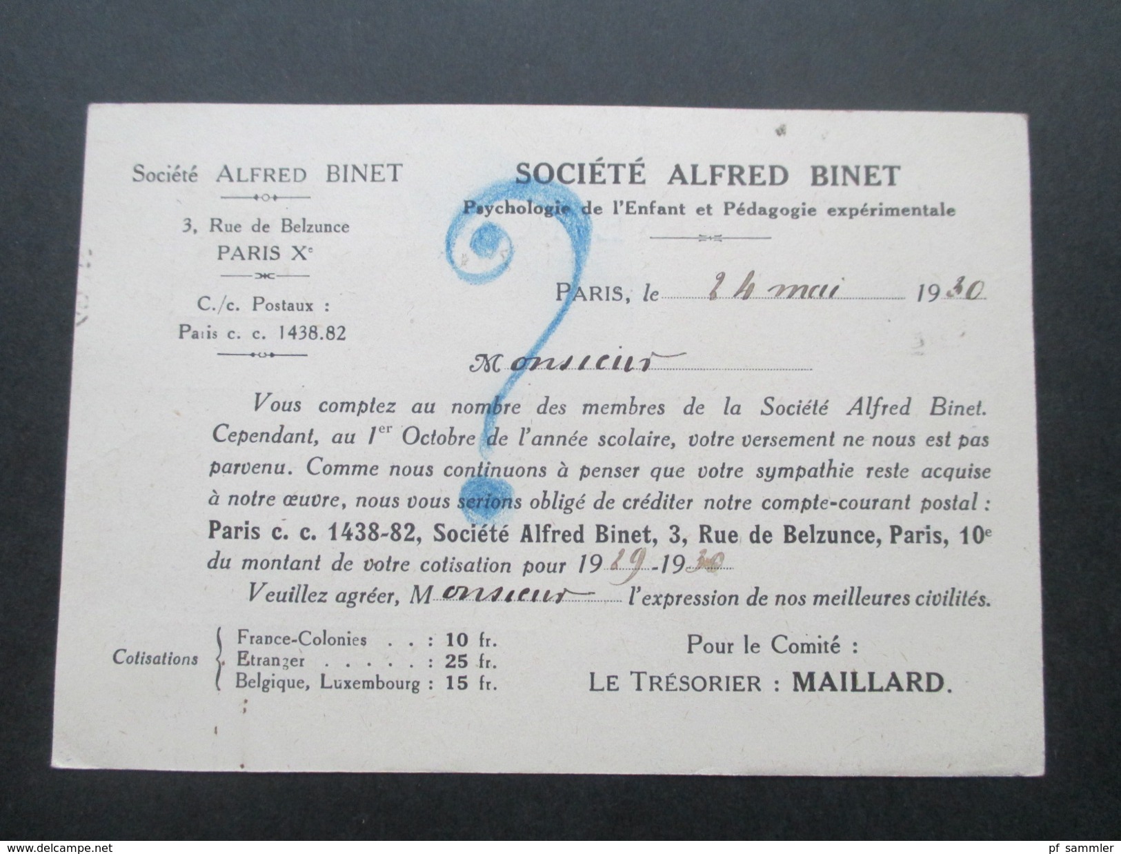 Frankreich 1930 Postkarte Societe Alfred Binet. Psychologie De L'Enfant Et Pedagogie Experimentale - Briefe U. Dokumente