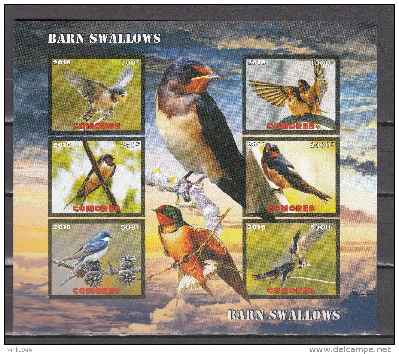 Comores 2016,6V In Block,IMP,barn Swallows,birds,vogels,vögel,oiseaux,pajaros,uccelli,aves,MNH/Postfris(L2913) - Altri & Non Classificati