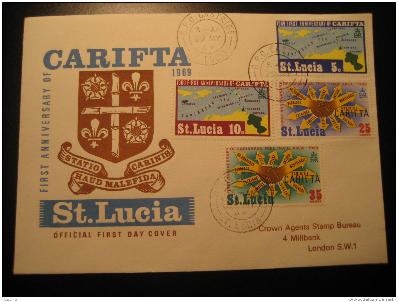 G.P.O. Castries 1969 To London England CARIFTA 4 Stamp Set On FDC Cancel Cover ST. LUCIA British Colonies - St.Lucia (...-1978)