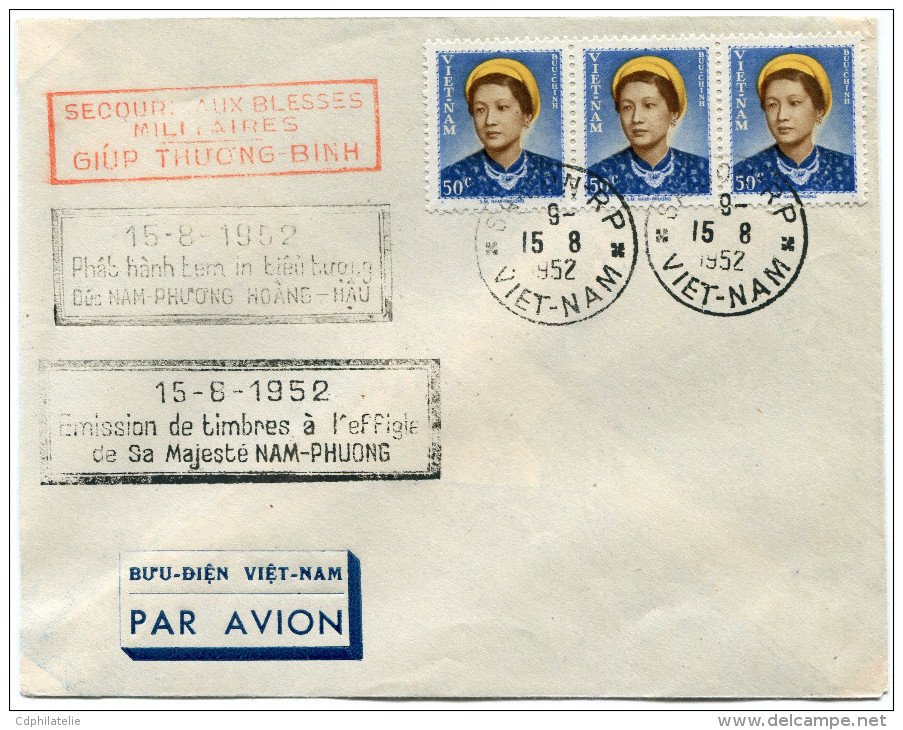 VIETNAM LETTRE PAR AVION AVEC CACHET ROUGE "SECOURS AUX BLESSES MILITAIRES GIUP THUONG-BINH" + CACHET 15-8-1952......... - Viêt-Nam