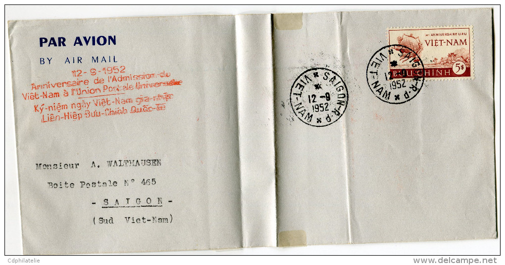 VIETNAM LETTRE PAR AVION AVEC CACHET BILINGUE ROUGE "12-9-1952 ANNIVERSAIRE DE L´ADMISSION DU VIET-NAM A L´UNION......" - Viêt-Nam