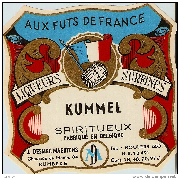 Etiquette De Liqueur: Liqueur Du CouventAUX FUTS DE FRANCE LIUEURS SURFINES KUMMEL - Autres & Non Classés