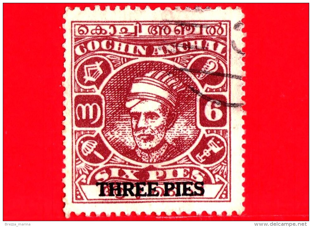 India - Cochin Anchal - Usato - 1944-48 - Maharaja Sri Kerala Varma II - Sovrastampato - 3 Su 6 - Cochin