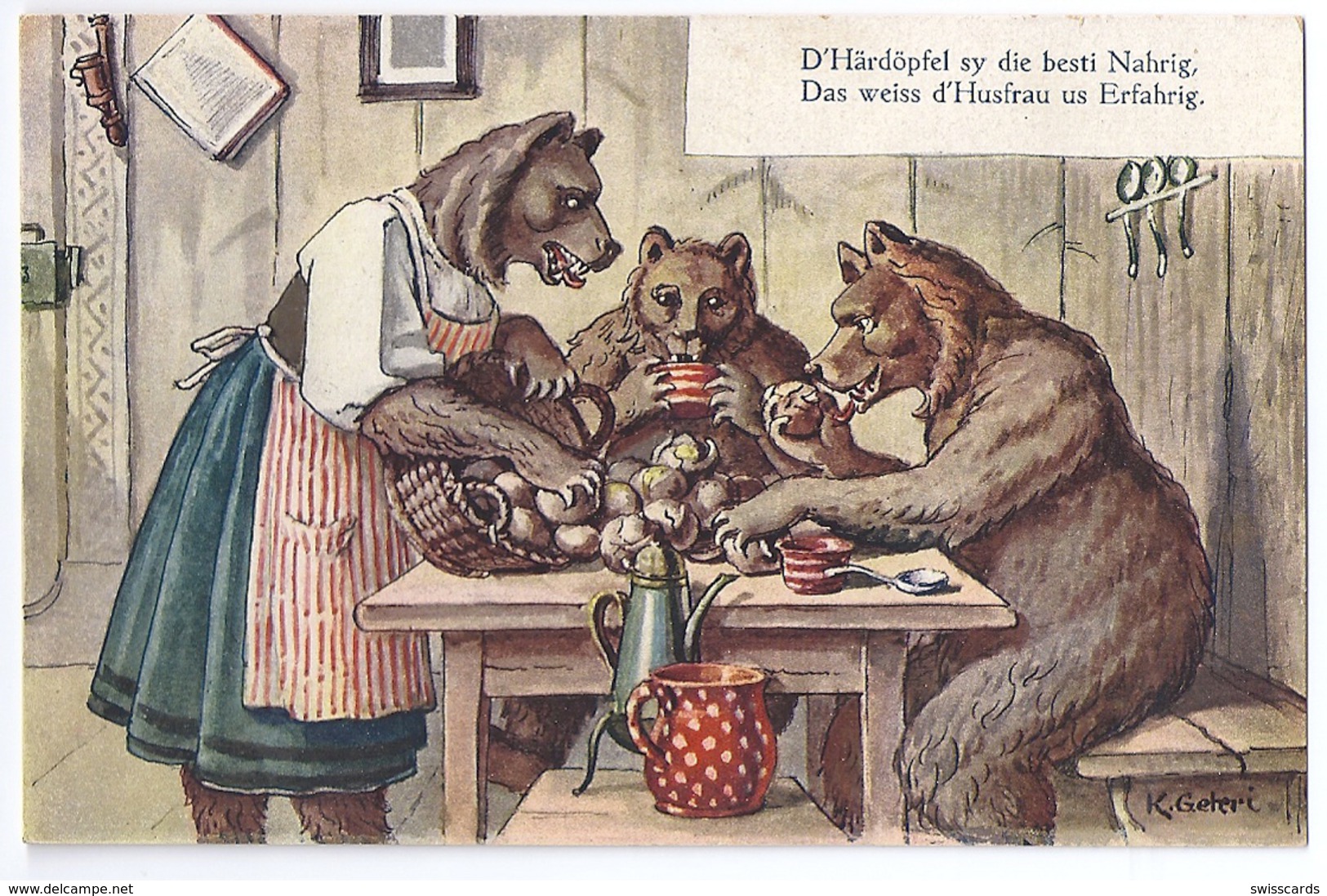 Künstler-AK Gehri: Bärenfamilie Beim Nachtessen Mit Kartoffeln ~1910 - Ours