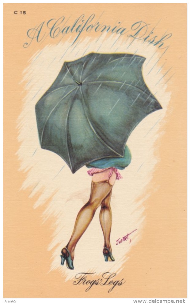 Risque Artist Signed Jusmet California Dish 'Frog Legs' Woman In Rain Umbrella Lingerie - Other & Unclassified