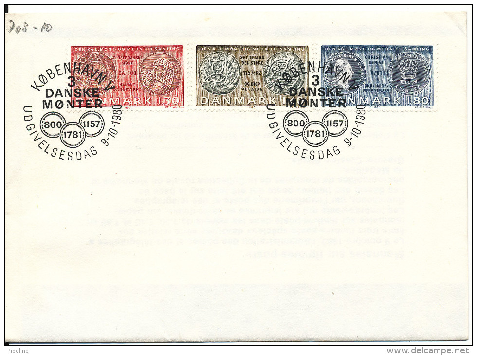 Denmark FDC 9-10-1980 Old Danish Coins On Stamps Complete Set Of 3 - FDC