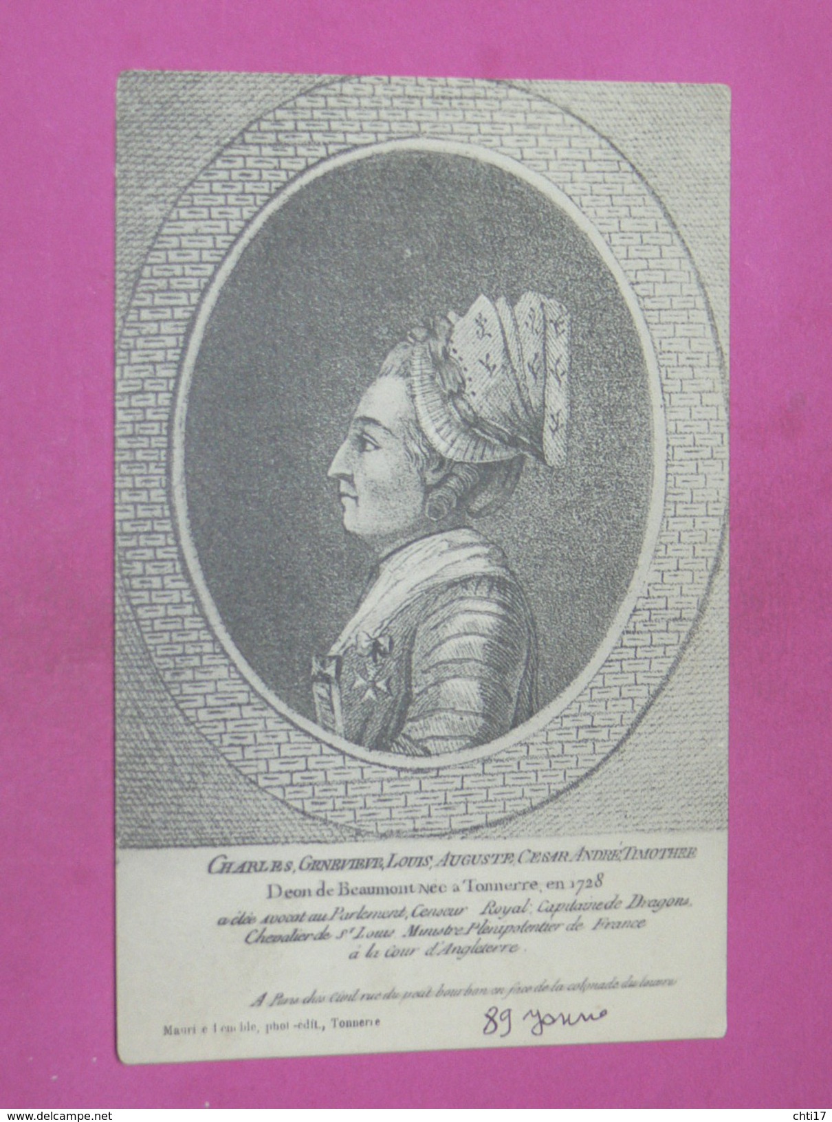 TONNERRE   1910  TONNERRE HISTORIQUE GRAVURE  " LE CHEVALIER D EON  "  NE A TONNERRE EN 1728  CIRC OUI EDIT - Tonnerre