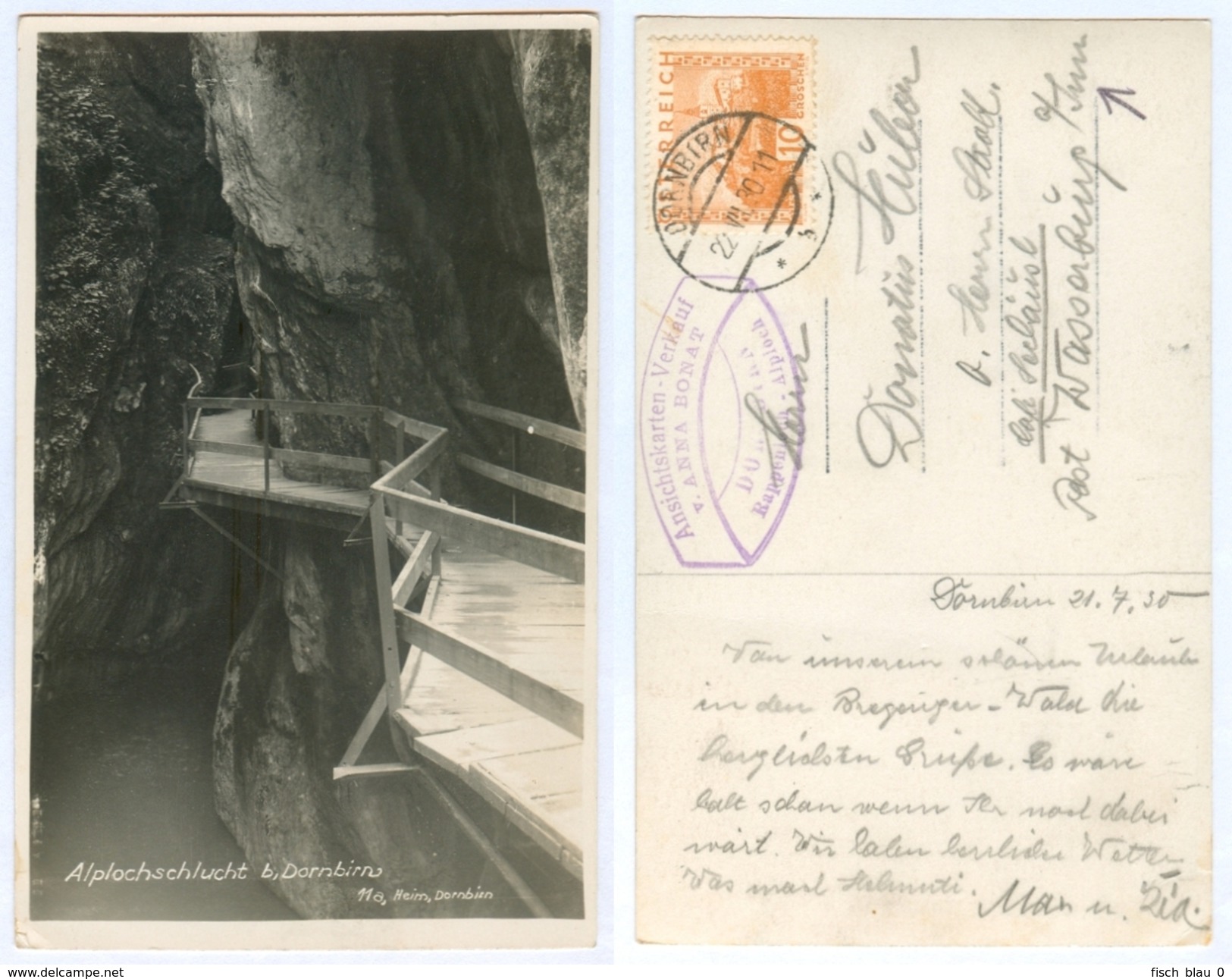 AK Vorarlberg 6850 Alplochschlucht Bei Dornbirn Gütle Dornbirner Ach 1930 Klamm Heim Österreich Anna Bonat Rappenloch - Dornbirn