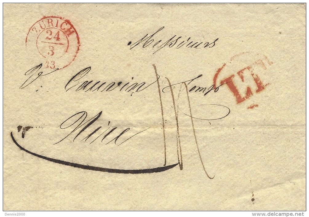 1843 - Lettre De ZURICH  Pour Nice -transit Milan L T  Rouge Taxe 14  - Au Dos Arrivée Nice 30.MAR. Rouge - ...-1845 Prefilatelia