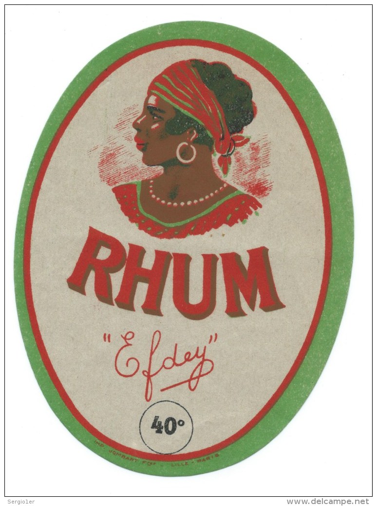 étiquette Rhum Efdey 40° "visage Femme" Imp Jombart Freres Lille-Paris - Rhum