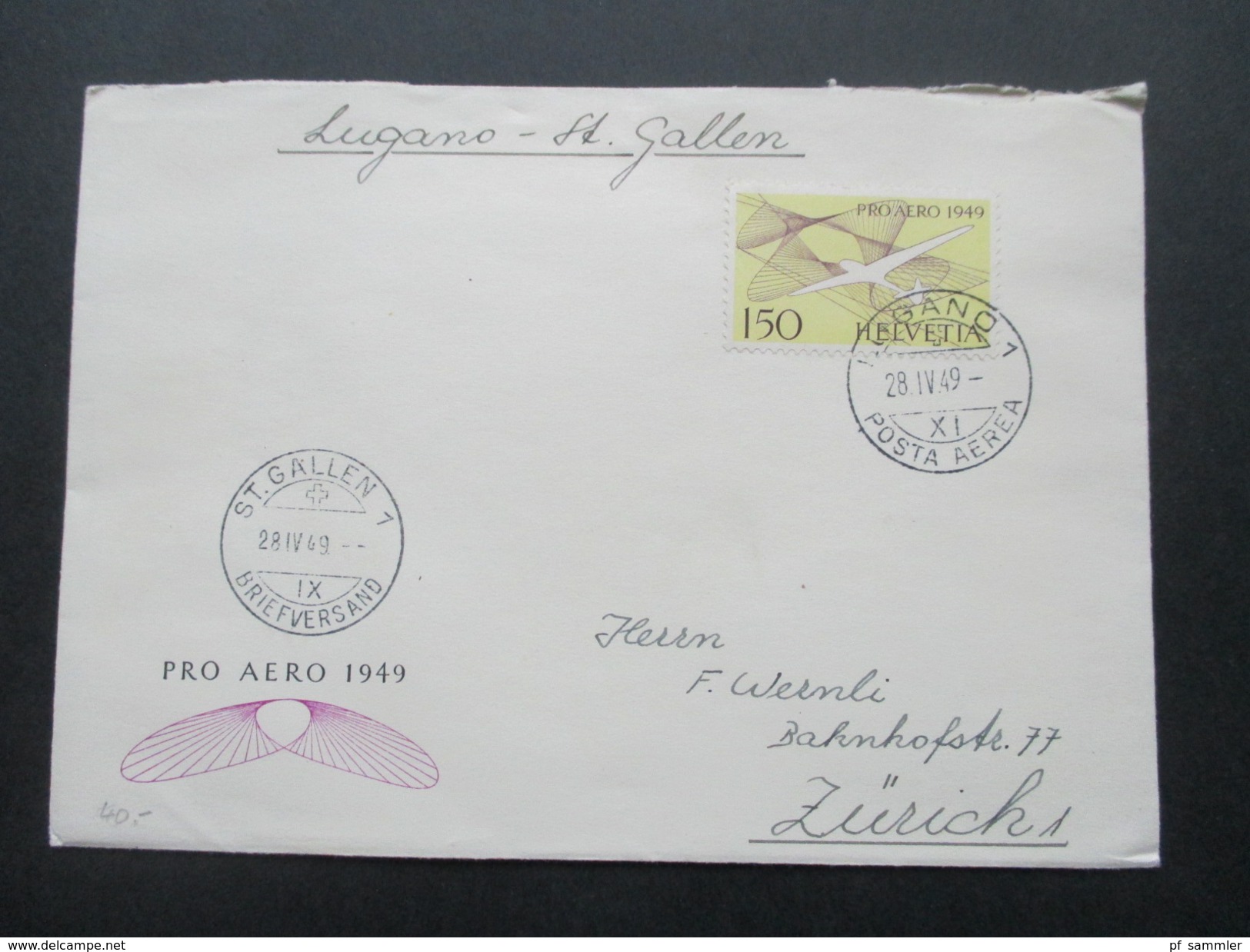 Schweiz 1949 Nr. 518 EF Pro Aero 1949. Lugano Posta Aerea - St. Gallen. Stempel Vom 2. Ausgabetag! - Briefe U. Dokumente