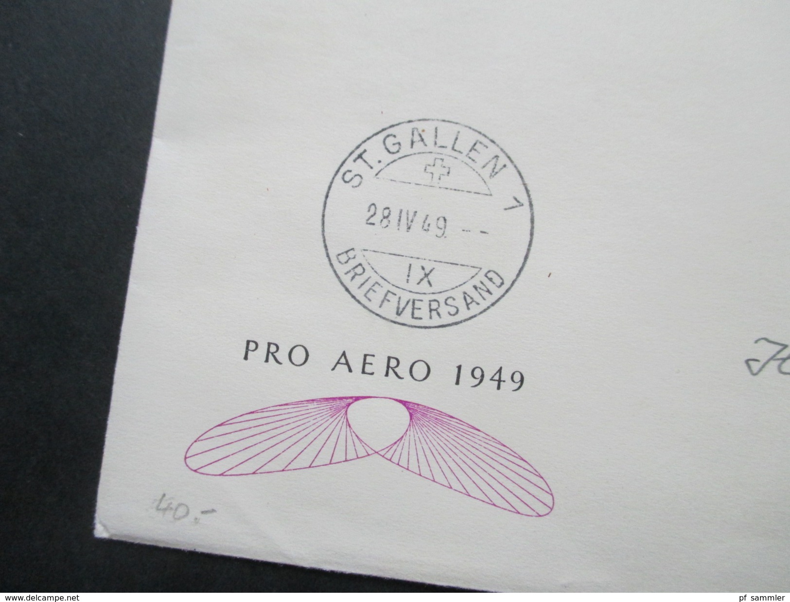 Schweiz 1949 Nr. 518 EF Pro Aero 1949. Lugano Posta Aerea - St. Gallen. Stempel Vom 2. Ausgabetag! - Briefe U. Dokumente