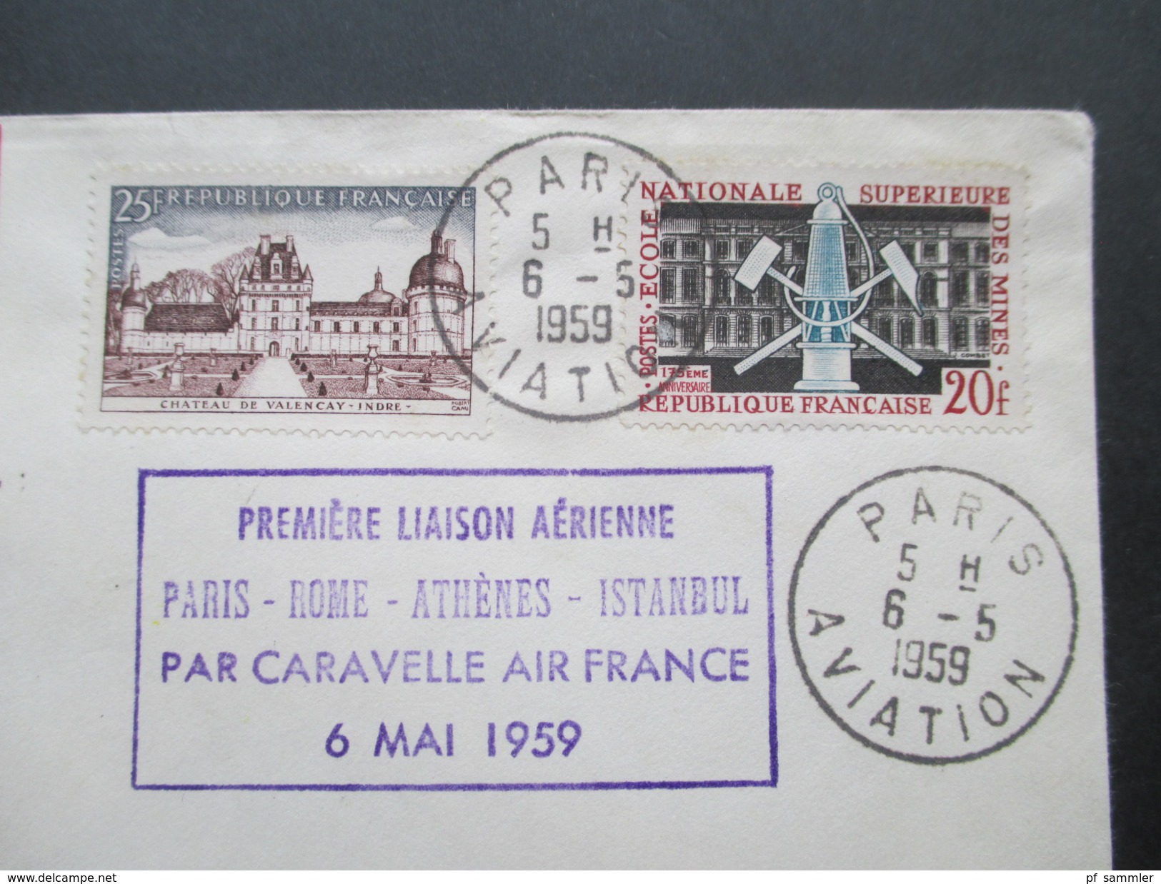 Frankreich 1959 Air France First Flight. Premiere Liaison Aerienne Paris - Rome - Athenes - Istanbul. Par Caravelle - Cartas & Documentos