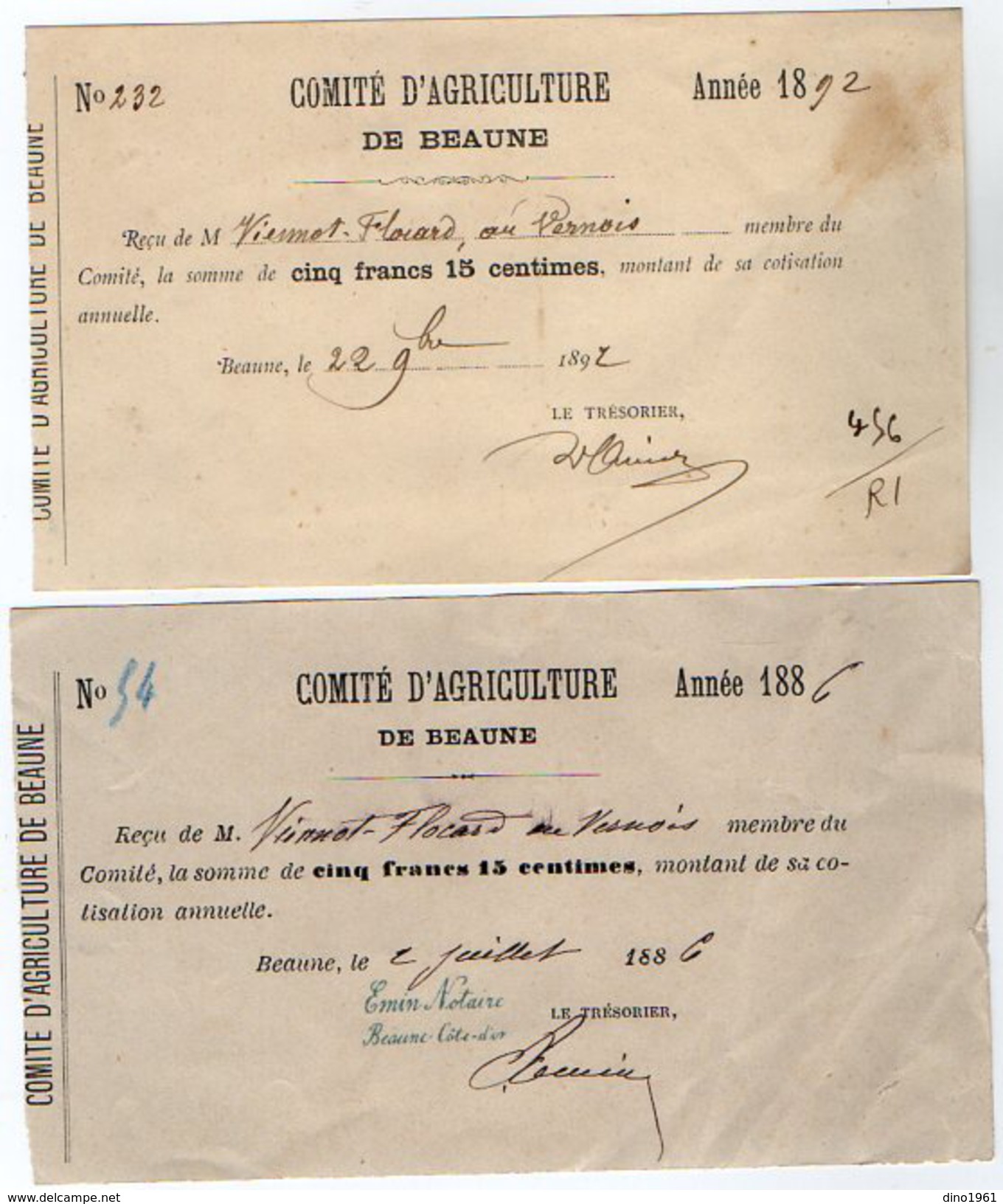 VP6001 - Reçu Du Comité D'Agriculture De BEAUNE - Mr VIENNOT à LEVERNOIS - Verzamelingen