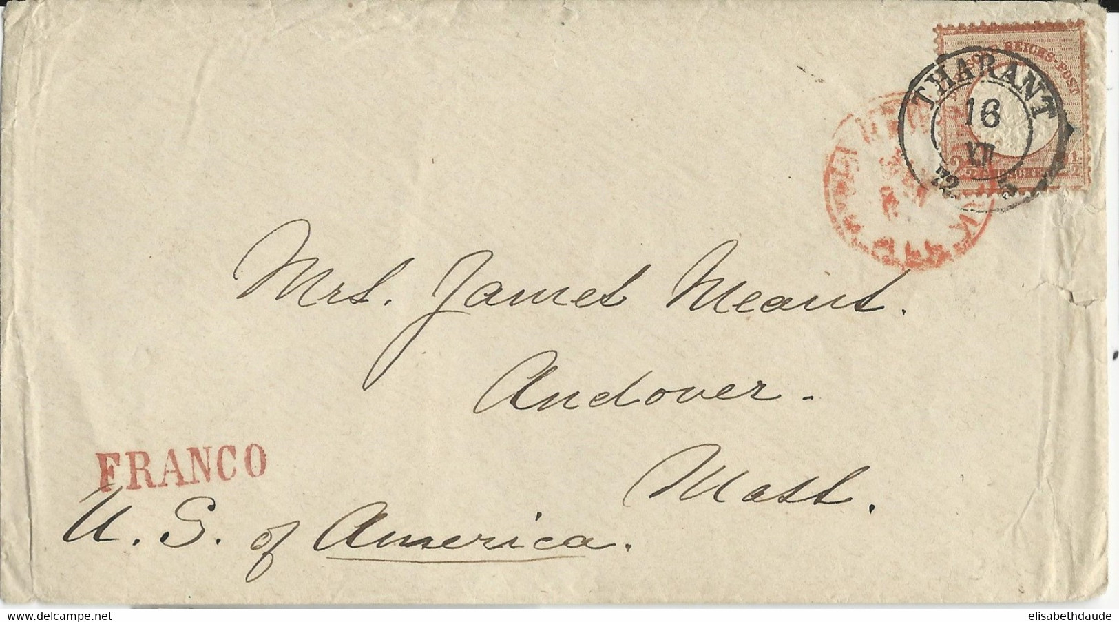 REICH - 1872 - RARE YVERT N°18 SEUL Sur ENVELOPPE De THARANT Pour Les USA - Lettres & Documents