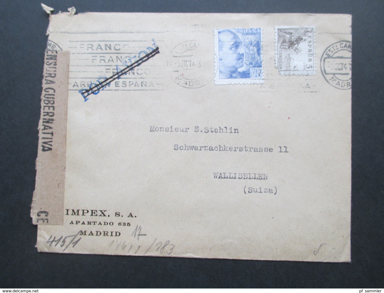 Spanien - Schweiz 1943 Zensur Der Wehrmacht. Zensurbeleg. Geöffnet / Geprüft. Franco. Censura Gubernativa Madrid.Airmail - Storia Postale