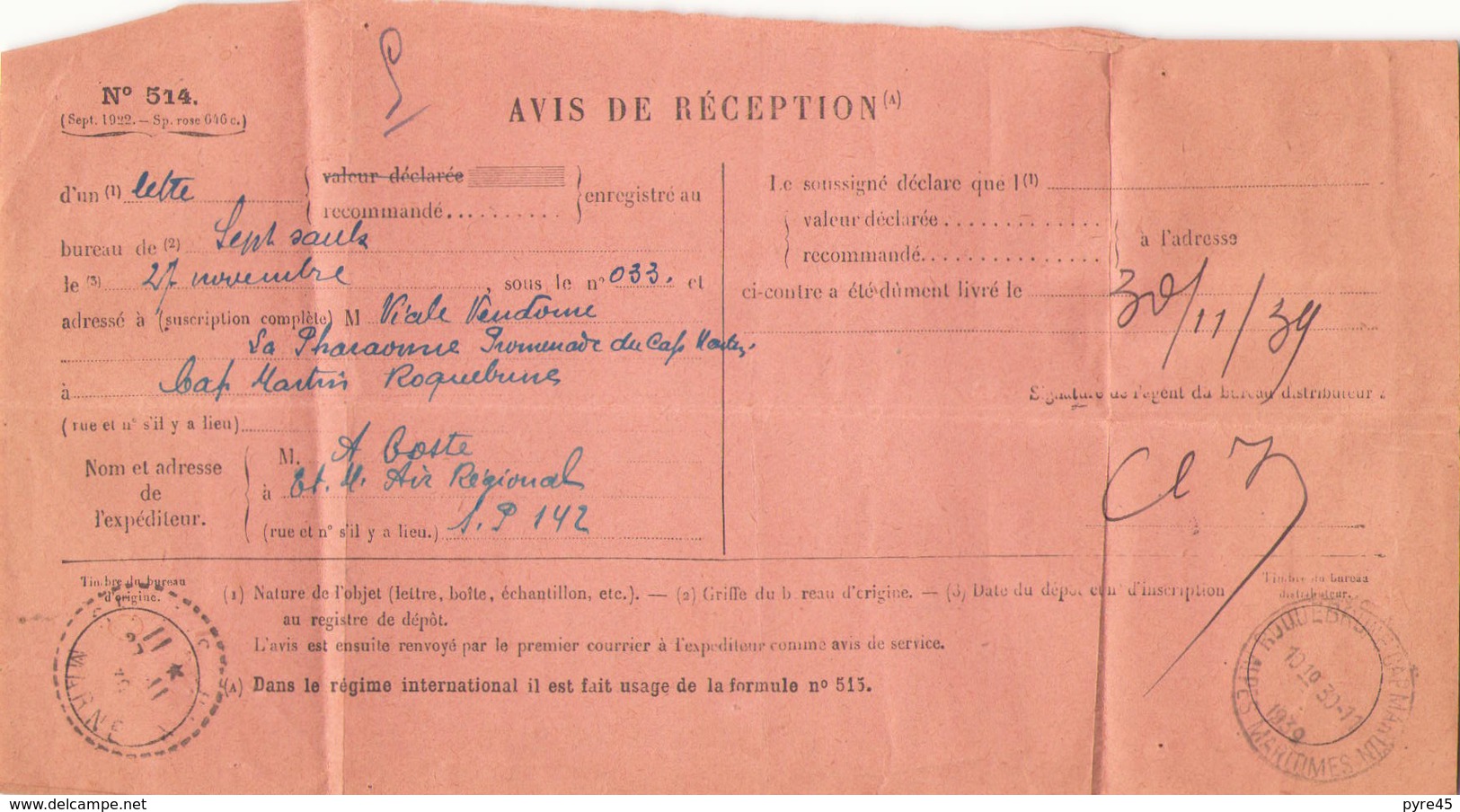 Avis De Reception Du 30 Novembre 1939 Pour Cap Martin Roquebrune - 1939-44 Iris