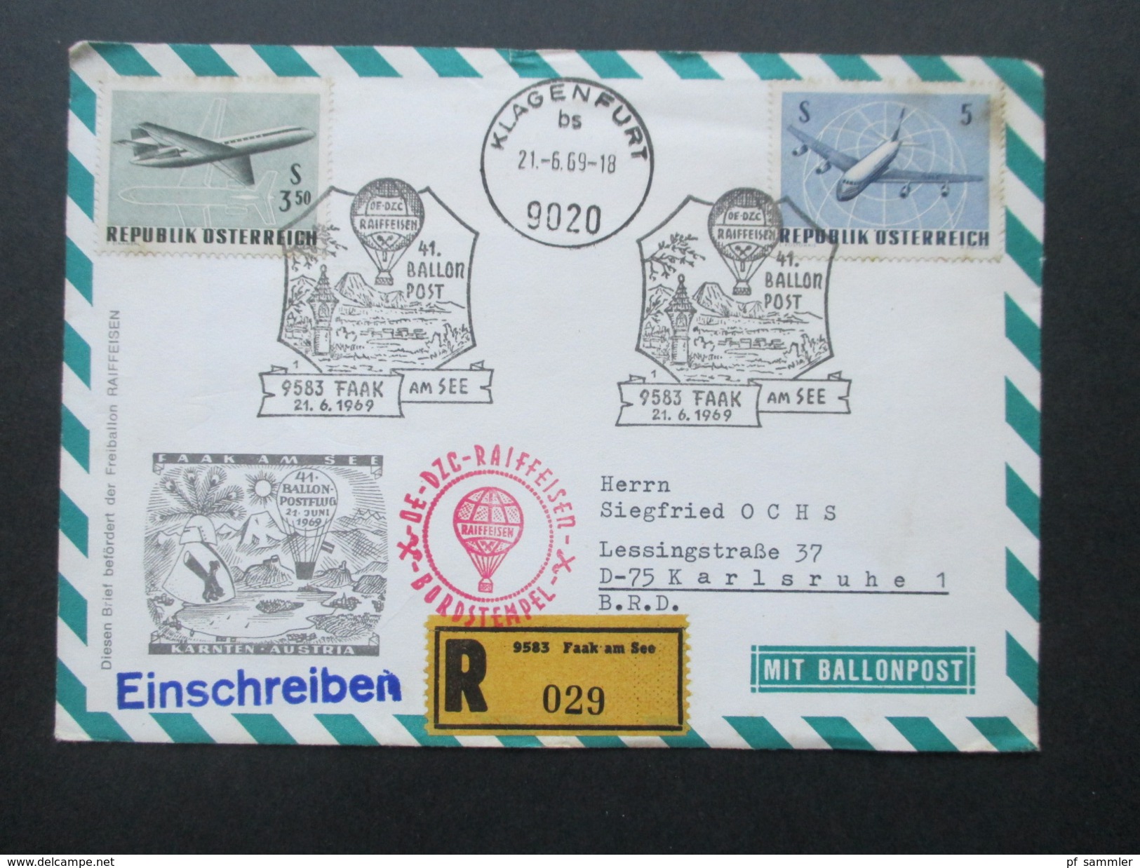 Österreich 1969 Ballonpost Faak Am See. DE DZC Raiffeisen Bordstempel. 41. Ballonpost - Balloon Covers