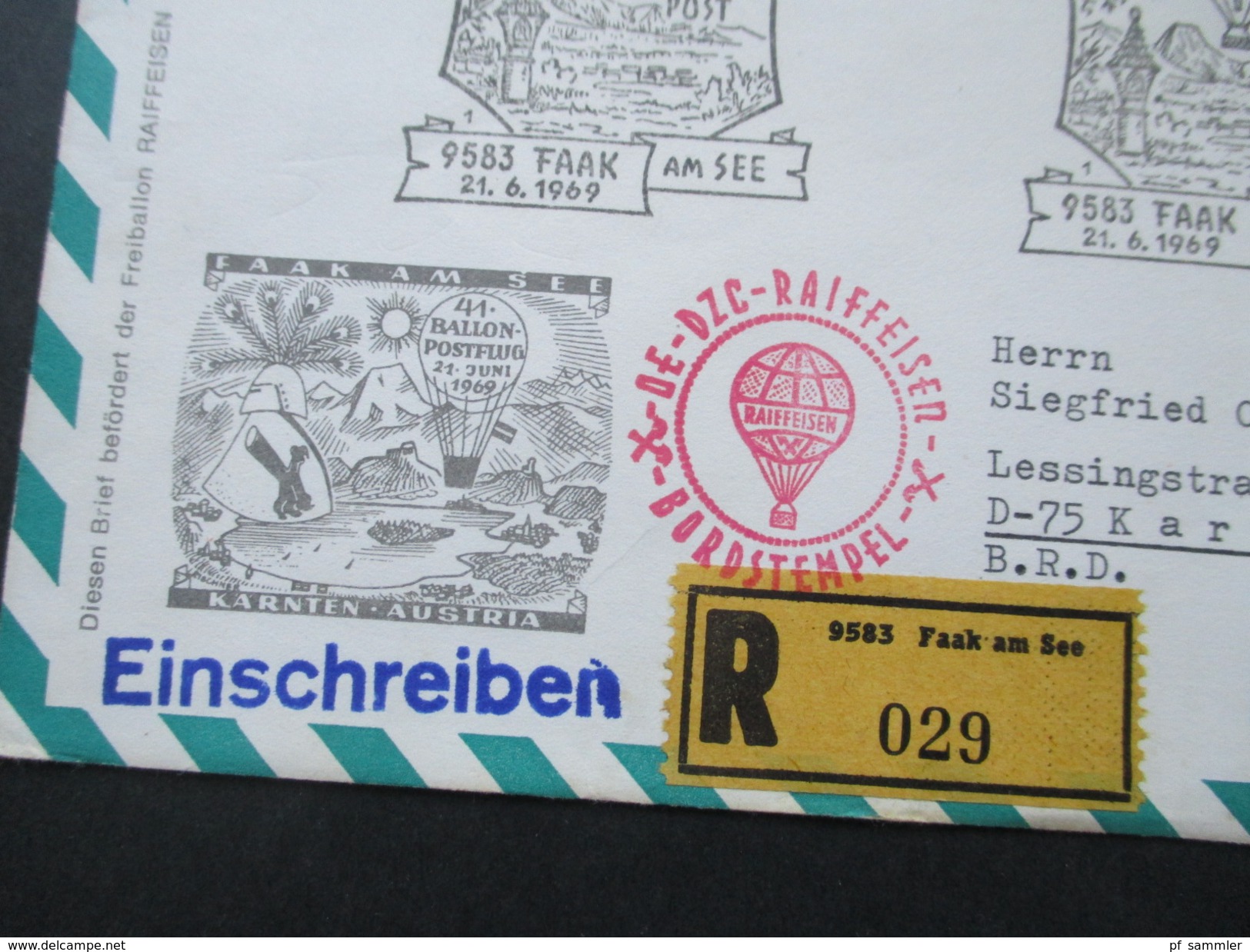 Österreich 1969 Ballonpost Faak Am See. DE DZC Raiffeisen Bordstempel. 41. Ballonpost - Globos