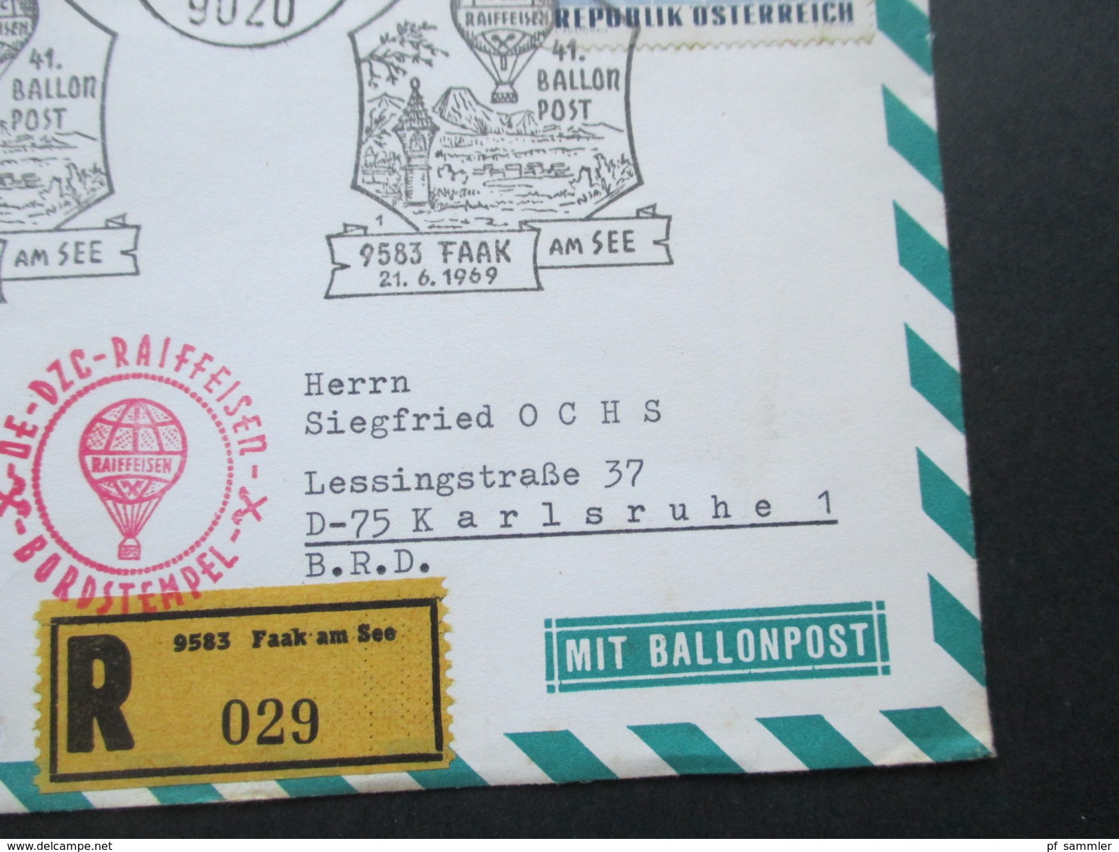 Österreich 1969 Ballonpost Faak Am See. DE DZC Raiffeisen Bordstempel. 41. Ballonpost - Globos