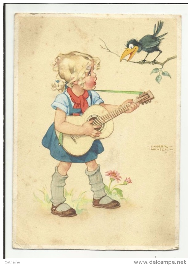 ILLUSTRATEUR . HAUSEN LUNGERS . PETITE FILLE  JOUANT DE LA GUITARE A SON OISEAU - Hausen, Lungers