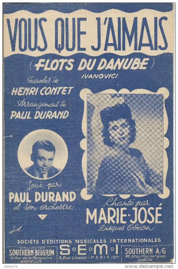 Partition De Marie JOSE Paul DURAND - Vous Que J'Aimais (Flots Du Danube) - Autres & Non Classés