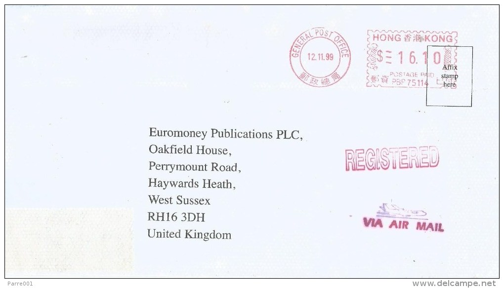 Hong Kong 1999 GPO Meter Franking Pitney Bowes-GB “A900”  PBP 75114 Barcoded Registered Cover - Cartas & Documentos