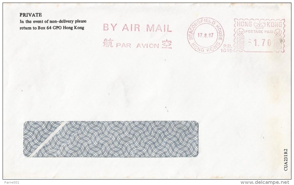 Hong Kong 1987 Beaconsfield House Air Mail Slogan Meter Franking Pitney Bowes-GB “5340” PB 1015 Cover - Covers & Documents