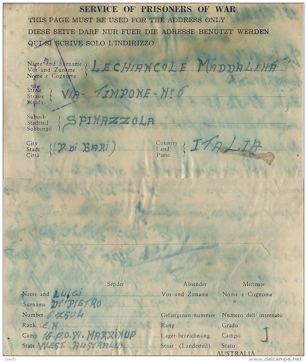 BIGLIETTO PRIGIONIERI POW CAMP 16 MARRINUP AUSTRALIA 1945 X SPINAZZOLA - Military Mail (PM)