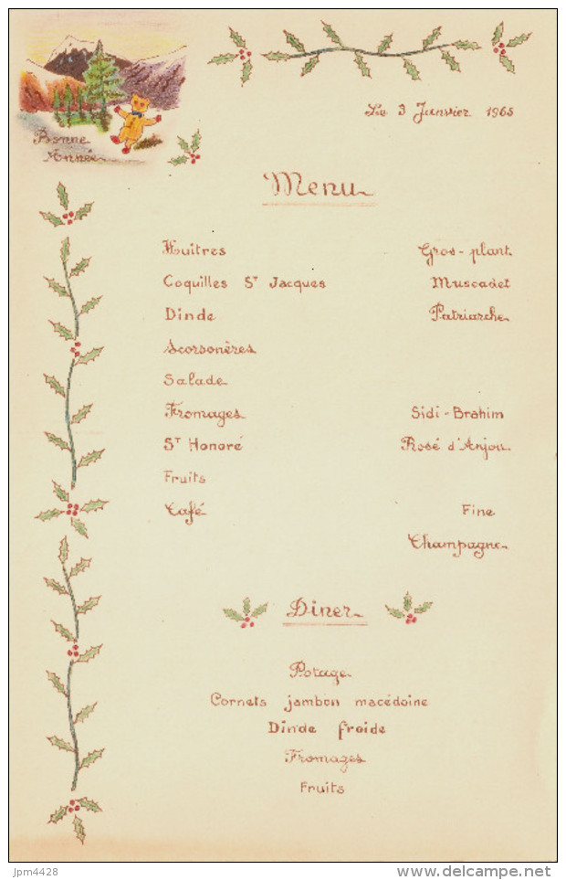 Vieux Papier Menu  - 3 Janvier 1965 - Menus