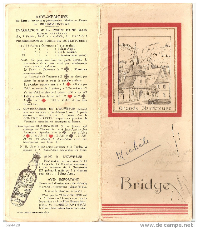 Vieux Papier Carnet "Marque Au Bridge" La Grande Chartreuse - Un Feuillet Avec Note, Et 5 Feuilles Vierges - Alcohol
