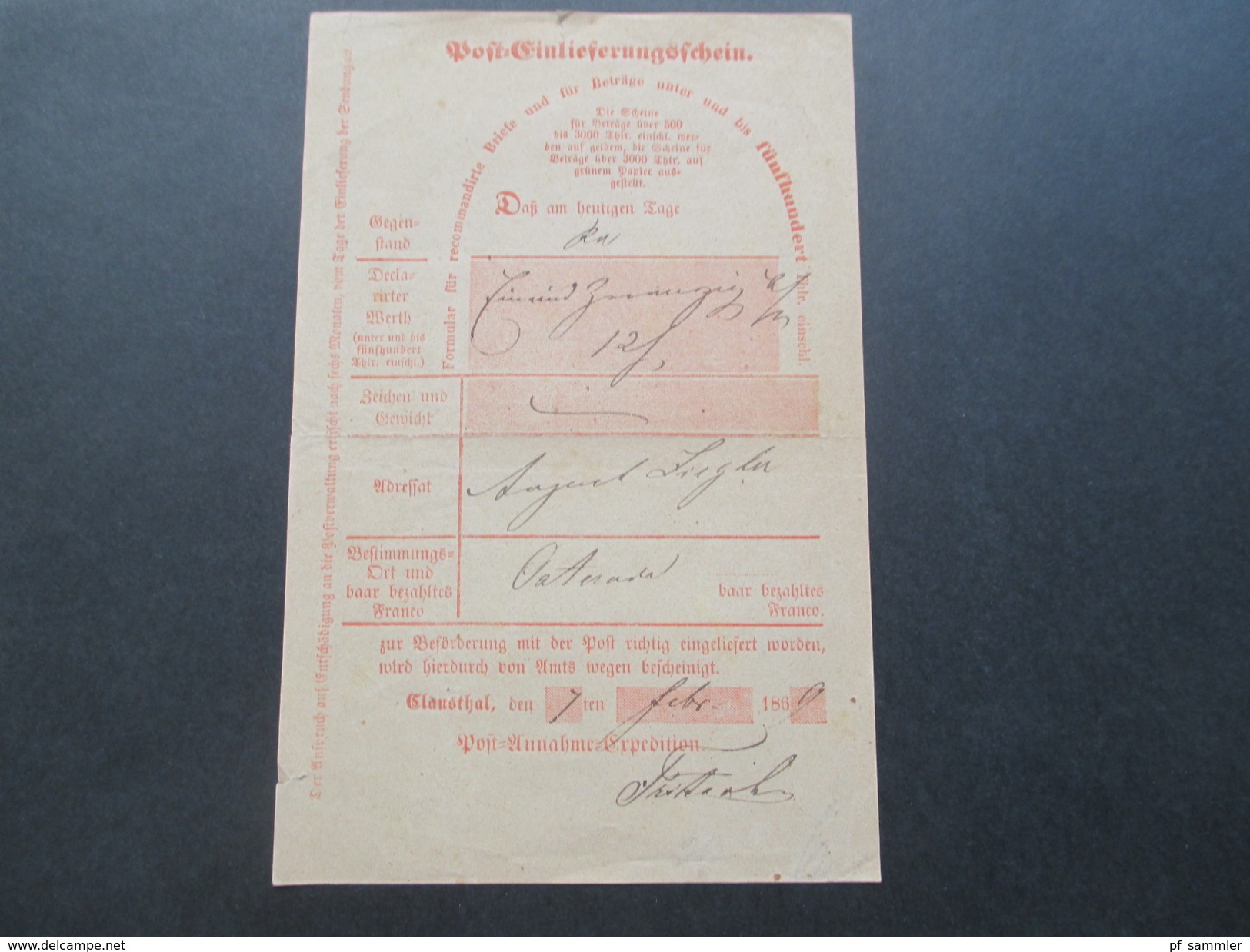 Altdeutschland / Deutsches Reich 1869 Und 1873 Post Einlieferungsschein 2 Stück. Osterode (Harz) - Lettres & Documents